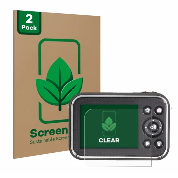 Parte frontal de un envase de producto con el logotipo de la marca ScreenLeaf. Al lado se muestra el dispositivo Vtech Kidizoo