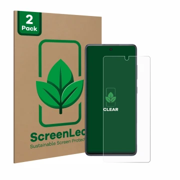 Parte frontal de un envase de producto con el logotipo de la marca ScreenLeaf. Al lado se muestra el dispositivo Samsung Galax