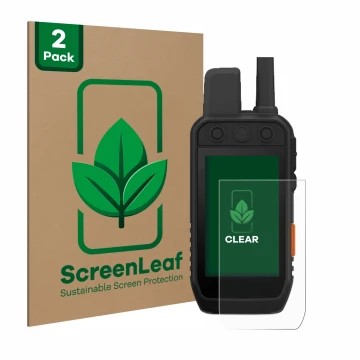 Parte frontal de un envase de producto con el logotipo de la marca ScreenLeaf. Al lado se muestra el dispositivo Garmin Alpha 