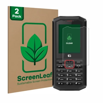 Parte frontal de un envase de producto con el logotipo de la marca ScreenLeaf. Al lado se muestra el dispositivo Crosscall Spi