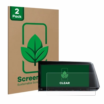Parte frontal de un envase de producto con el logotipo de la marca ScreenLeaf. Al lado se muestra el dispositivo Volkswagen Go