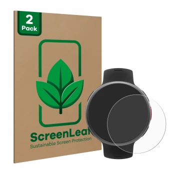 Parte frontal de un envase de producto con el logotipo de la marca ScreenLeaf. Al lado se muestra el dispositivo Polar Vantage