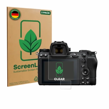 Parte frontal de un envase de producto con el logotipo de la marca ScreenLeaf. Al lado se muestra el dispositivo Nikon Z 6 II 