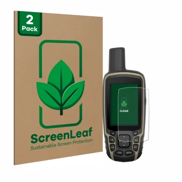 Parte frontal de un envase de producto con el logotipo de la marca ScreenLeaf. Al lado se muestra el dispositivo Garmin GPSMAP
