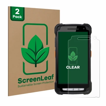 Parte frontal de un envase de producto con el logotipo de la marca ScreenLeaf. Al lado se muestra el dispositivo Point Mobile 
