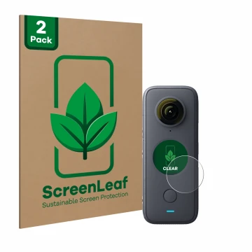 Parte frontal de un envase de producto con el logotipo de la marca ScreenLeaf. Al lado se muestra el dispositivo Insta360 One 