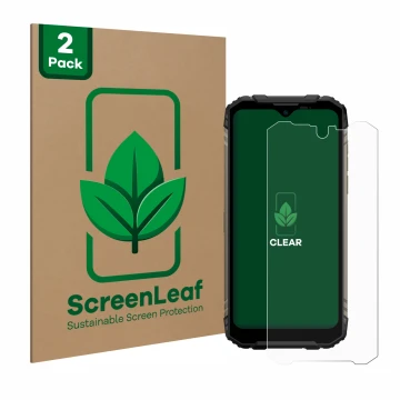Parte frontal de un envase de producto con el logotipo de la marca ScreenLeaf. Al lado se muestra el dispositivo Doogee S96 Pr