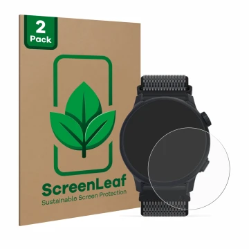 Parte frontal de un envase de producto con el logotipo de la marca ScreenLeaf. Al lado se muestra el dispositivo Coros Pace 2 