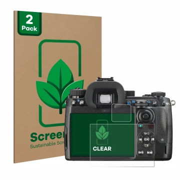 Parte frontal de un envase de producto con el logotipo de la marca ScreenLeaf. Al lado se muestra el dispositivo Pentax K-3 Ma