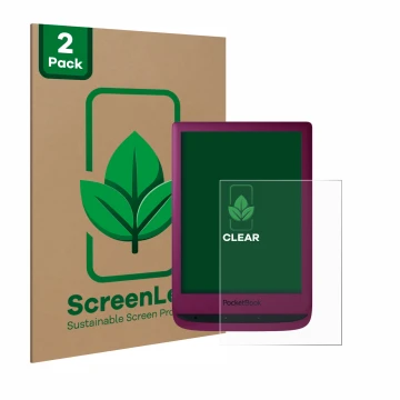 Parte frontal de un envase de producto con el logotipo de la marca ScreenLeaf. Al lado se muestra el dispositivo PocketBook To