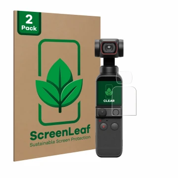 Parte frontal de un envase de producto con el logotipo de la marca ScreenLeaf. Al lado se muestra el dispositivo DJI Osmo Pock