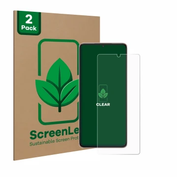 Parte frontal de un envase de producto con el logotipo de la marca ScreenLeaf. Al lado se muestra el dispositivo Samsung Galax