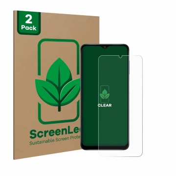 Parte frontal de un envase de producto con el logotipo de la marca ScreenLeaf. Al lado se muestra el dispositivo Samsung Galax