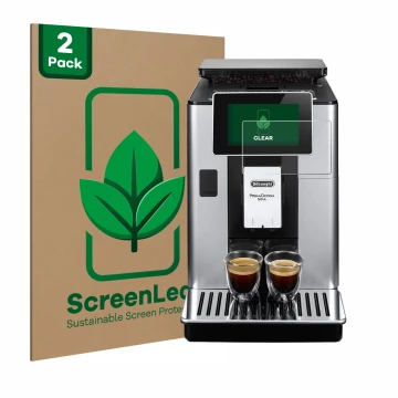 Parte frontal de un envase de producto con el logotipo de la marca ScreenLeaf. Al lado se muestra el dispositivo DeLonghi Prim
