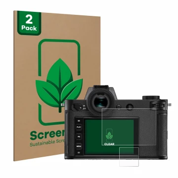 Parte frontal de un envase de producto con el logotipo de la marca ScreenLeaf. Al lado se muestra el dispositivo Leica SL2-S c
