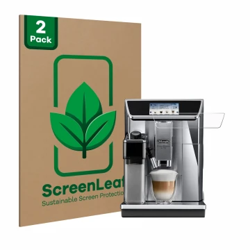Parte frontal de un envase de producto con el logotipo de la marca ScreenLeaf. Al lado se muestra el dispositivo DeLonghi Prim