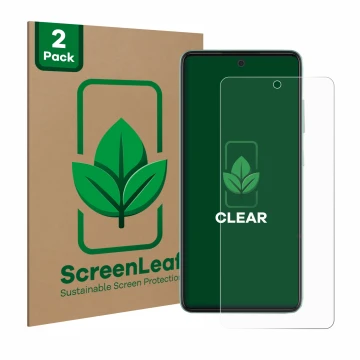 Parte frontal de un envase de producto con el logotipo de la marca ScreenLeaf. Al lado se muestra el dispositivo Samsung Galax