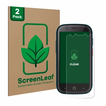 Parte frontal de un envase de producto con el logotipo de la marca ScreenLeaf. Al lado se muestra el dispositivo Unihertz Jell