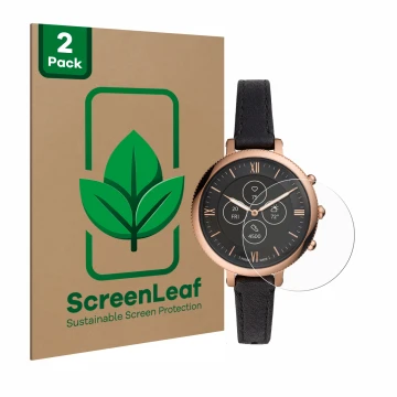 Parte frontal de un envase de producto con el logotipo de la marca ScreenLeaf. Al lado se muestra el dispositivo Fossil Monroe