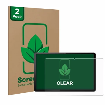 Parte frontal de un envase de producto con el logotipo de la marca ScreenLeaf. Al lado se muestra el dispositivo Lenovo Tab P1