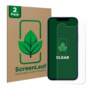 Parte frontal de un envase de producto con el logotipo de la marca ScreenLeaf. Al lado se muestra el dispositivo Apple iPhone 