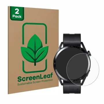 Parte frontal de un envase de producto con el logotipo de la marca ScreenLeaf. Al lado se muestra el dispositivo Huawei Watch 