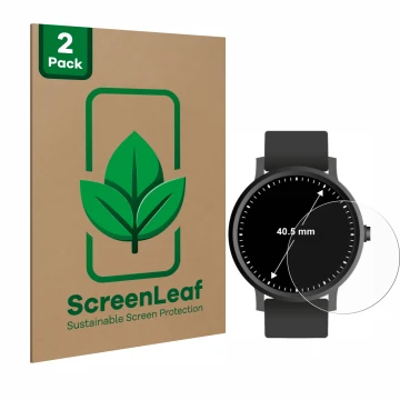 Parte frontal de un envase de producto con el logotipo de la marca ScreenLeaf. Al lado se muestra el dispositivo Relojes (Circ