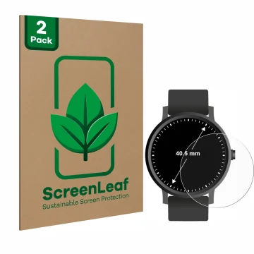 Parte frontal de un envase de producto con el logotipo de la marca ScreenLeaf. Al lado se muestra el dispositivo Circular Disp
