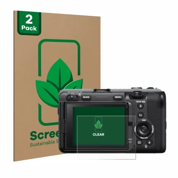Parte frontal de un envase de producto con el logotipo de la marca ScreenLeaf. Al lado se muestra el dispositivo Sony FX3 con 