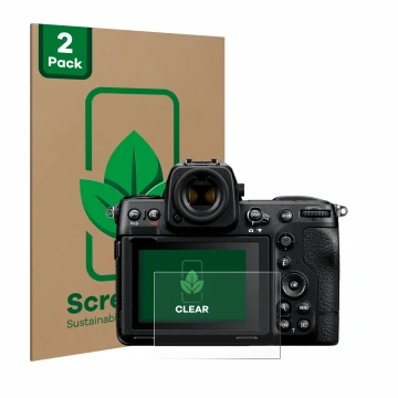 Parte frontal de un envase de producto con el logotipo de la marca ScreenLeaf. Al lado se muestra el dispositivo Nikon Z 8 con