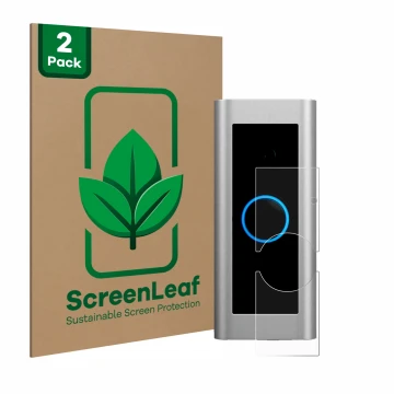 Parte frontal de un envase de producto con el logotipo de la marca ScreenLeaf. Al lado se muestra el dispositivo Ring Video Do