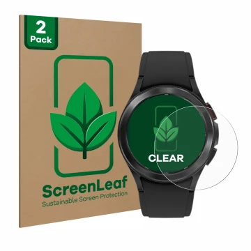 Parte frontal de un envase de producto con el logotipo de la marca ScreenLeaf. Al lado se muestra el dispositivo Samsung Galax