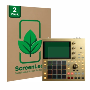 Parte frontal de un envase de producto con el logotipo de la marca ScreenLeaf. Al lado se muestra el dispositivo Akai MPC One 