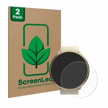 Parte frontal de un envase de producto con el logotipo de la marca ScreenLeaf. Al lado se muestra el dispositivo Polar Ignite 