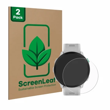 Parte frontal de un envase de producto con el logotipo de la marca ScreenLeaf. Al lado se muestra el dispositivo Garmin Foreru