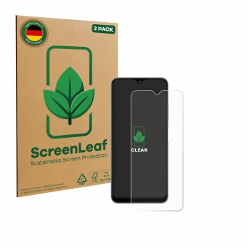 Parte frontal de un envase de producto con el logotipo de la marca ScreenLeaf. Al lado se muestra el dispositivo Samsung Galax