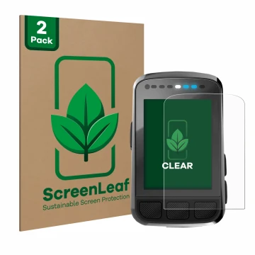 Parte frontal de un envase de producto con el logotipo de la marca ScreenLeaf. Al lado se muestra el dispositivo Wahoo Elemnt 