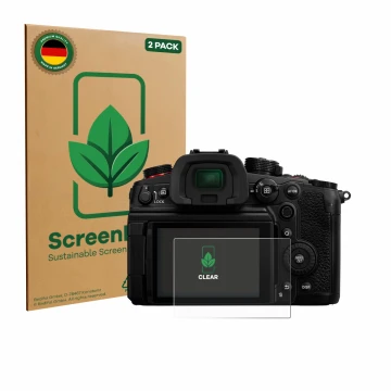 Parte frontal de un envase de producto con el logotipo de la marca ScreenLeaf. Al lado se muestra el dispositivo Panasonic Lum