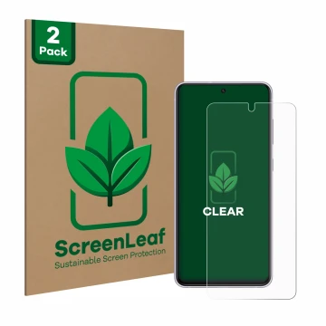 Parte frontal de un envase de producto con el logotipo de la marca ScreenLeaf. Al lado se muestra el dispositivo Samsung Galax