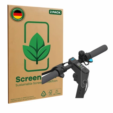 Parte frontal de un envase de producto con el logotipo de la marca ScreenLeaf. Al lado se muestra el dispositivo Segway Ninebo