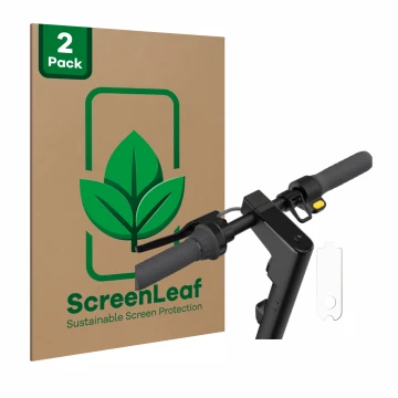 Parte frontal de un envase de producto con el logotipo de la marca ScreenLeaf. Al lado se muestra el dispositivo Segway Ninebo