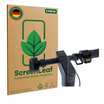 Parte frontal de un envase de producto con el logotipo de la marca ScreenLeaf. Al lado se muestra el dispositivo Segway Ninebo