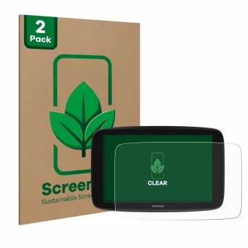 Parte frontal de un envase de producto con el logotipo de la marca ScreenLeaf. Al lado se muestra el dispositivo TomTom Go Exp