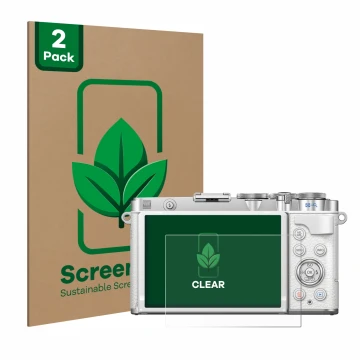 Parte frontal de un envase de producto con el logotipo de la marca ScreenLeaf. Al lado se muestra el dispositivo Olympus PEN E