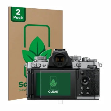 Parte frontal de un envase de producto con el logotipo de la marca ScreenLeaf. Al lado se muestra el dispositivo Nikon Z fc co