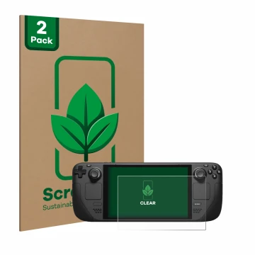 Parte frontal de un envase de producto con el logotipo de la marca ScreenLeaf. Al lado se muestra el dispositivo Valve Steam D