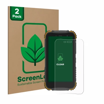 Parte frontal de un envase de producto con el logotipo de la marca ScreenLeaf. Al lado se muestra el dispositivo Doogee S35 co
