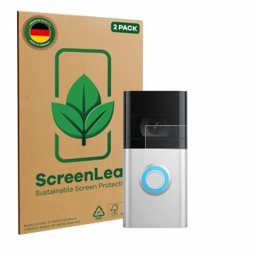 Parte frontal de un envase de producto con el logotipo de la marca ScreenLeaf. Al lado se muestra el dispositivo Ring Video Do