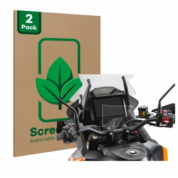 Parte frontal de un envase de producto con el logotipo de la marca ScreenLeaf. Al lado se muestra el dispositivo KTM 1290 Supe