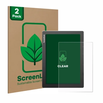 Parte frontal de un envase de producto con el logotipo de la marca ScreenLeaf. Al lado se muestra el dispositivo PocketBook In